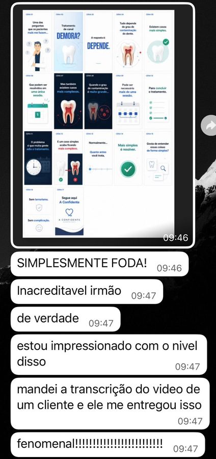 Cliente reagindo a um storyboard gerado pelo Íon: simplesmente foda, inacreditável, fenomenal