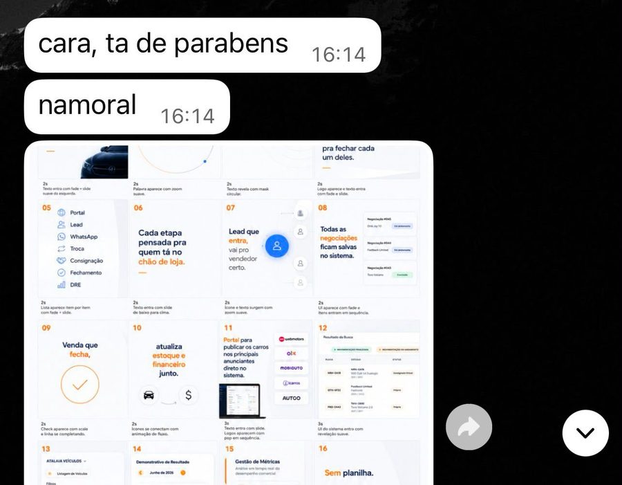 Cliente elogiando um storyboard gerado: cara, tá de parabéns, namoral
